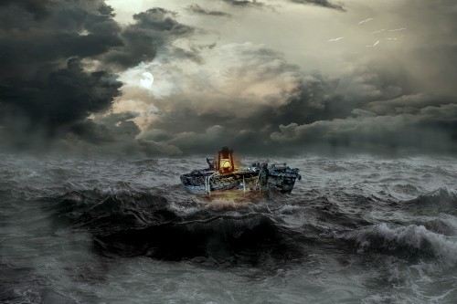 Image white and blue boat on sea under cloudy sky during daytime