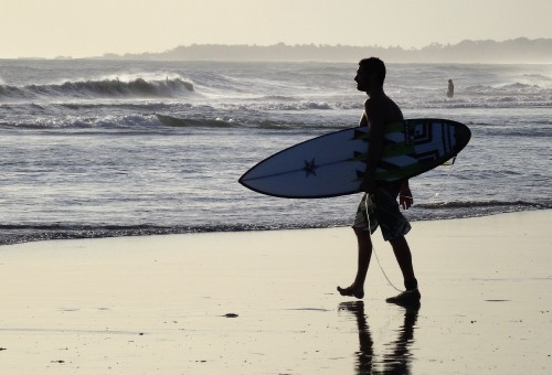 Image woman in black and white bikini holding blue surfboard walking on beach during daytime