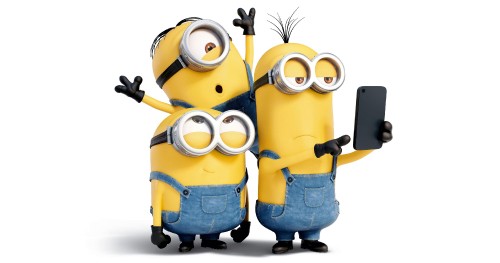 Image two minions holding black and gray camera