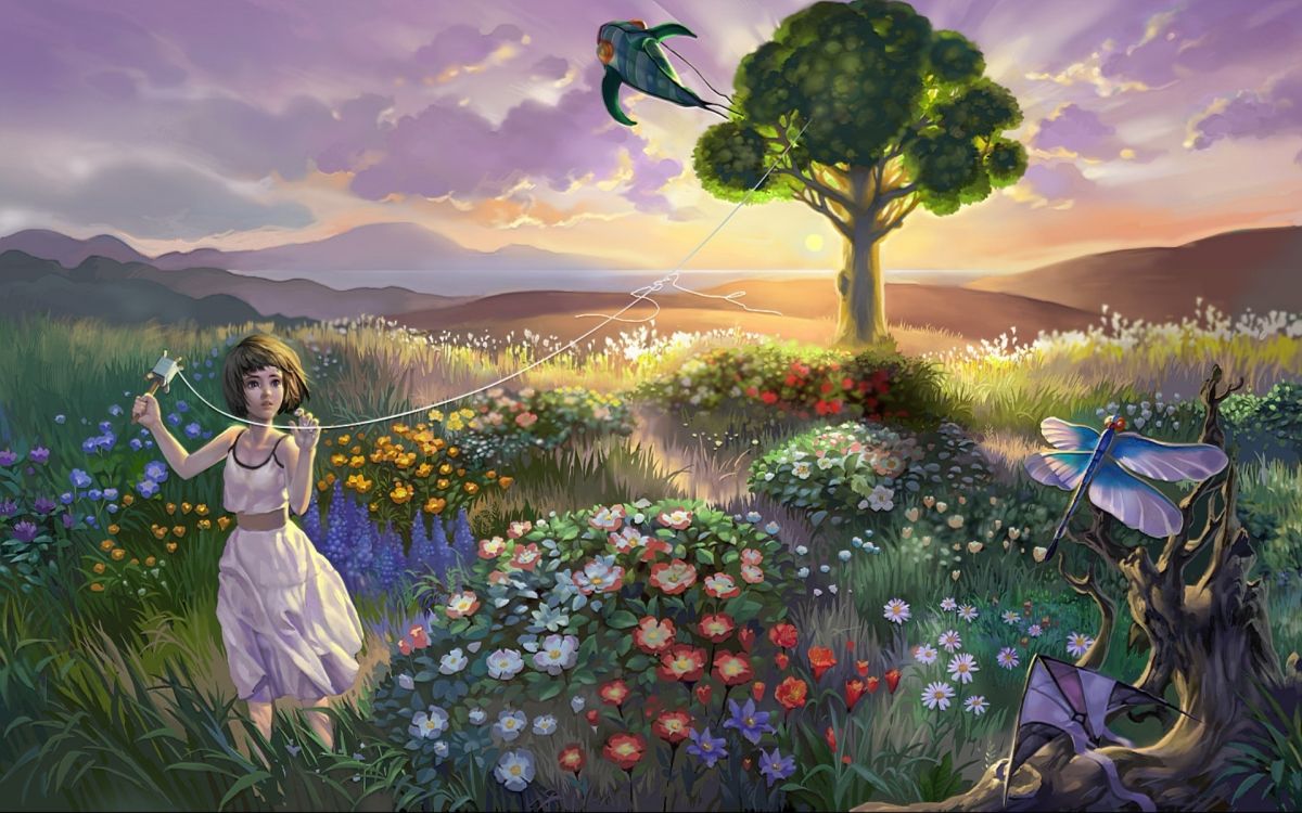 Femme en Robe Blanche Debout Sur un Champ de Fleurs Pendant le Coucher du Soleil. Wallpaper in 1920x1200 Resolution