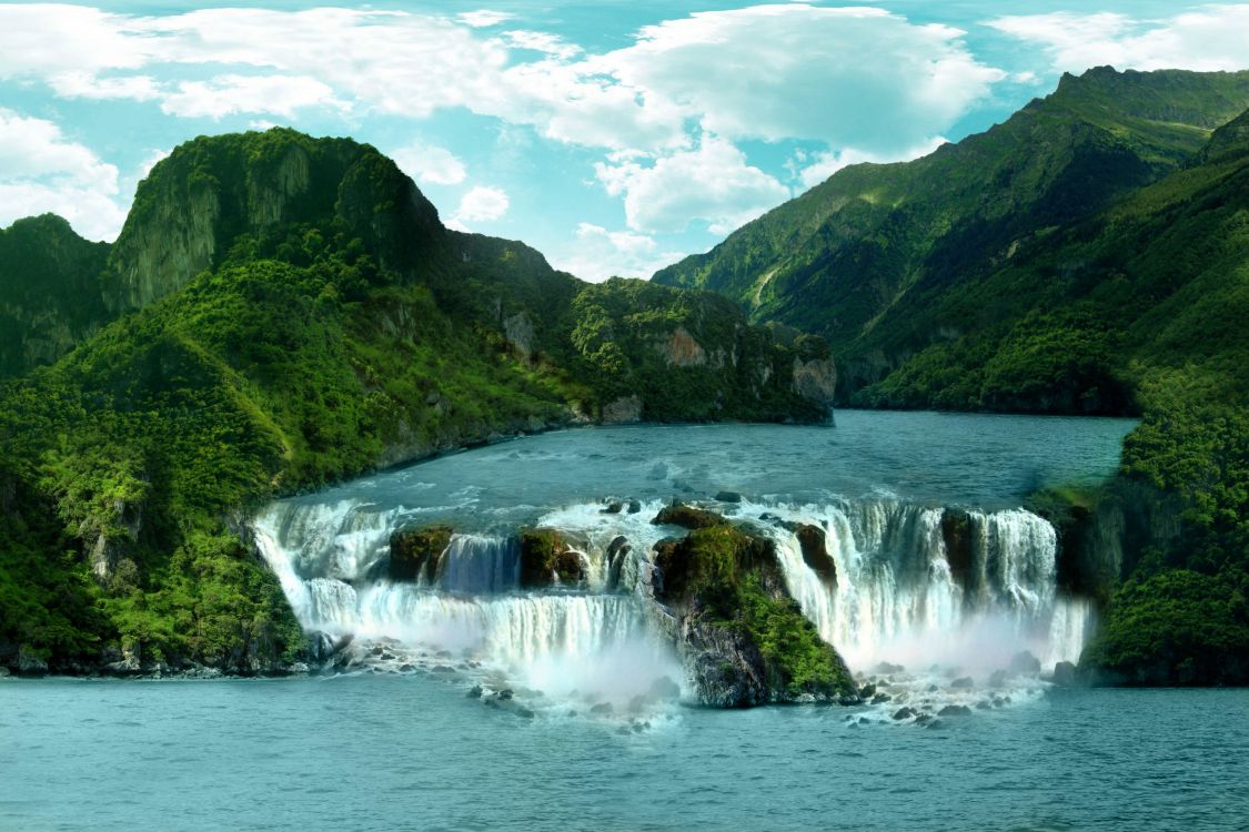 L'eau Tombe Sur la Montagne Verte Sous le Ciel Bleu Pendant la Journée. Wallpaper in 3000x2000 Resolution