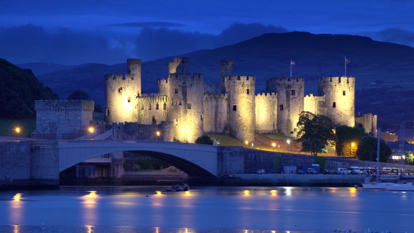 brown concrete castle near bridge during night time