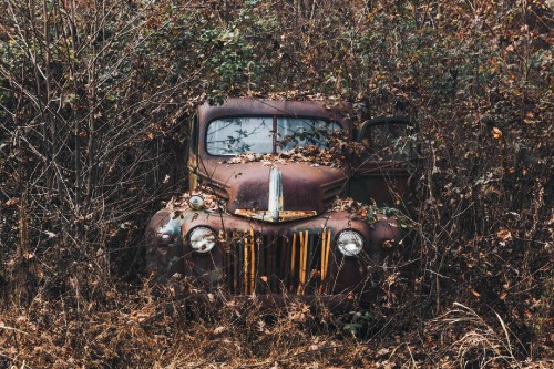 Image vintage brown car on brown dried leaves