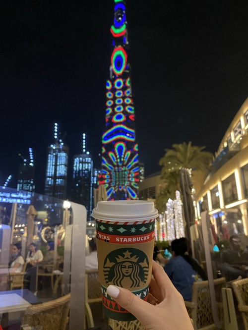 Image dubai, burj khalifa, starbucks logo 2011, lighting, christmas lights