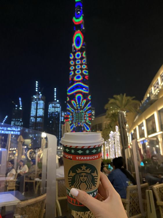 dubai, burj khalifa, starbucks logo 2011, lighting, christmas lights