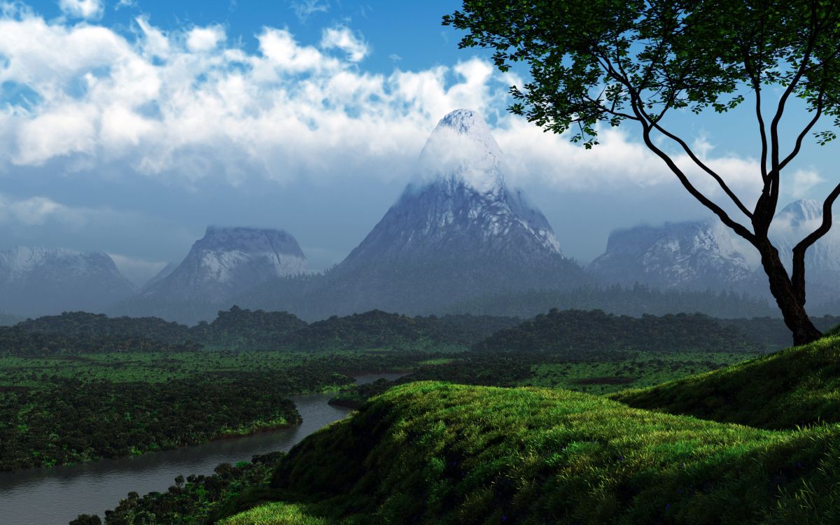 green grass field near mountain under blue sky during daytime