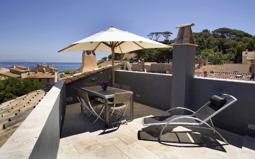 Image white and blue patio umbrella