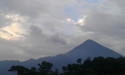 Image green trees and mountain under white clouds