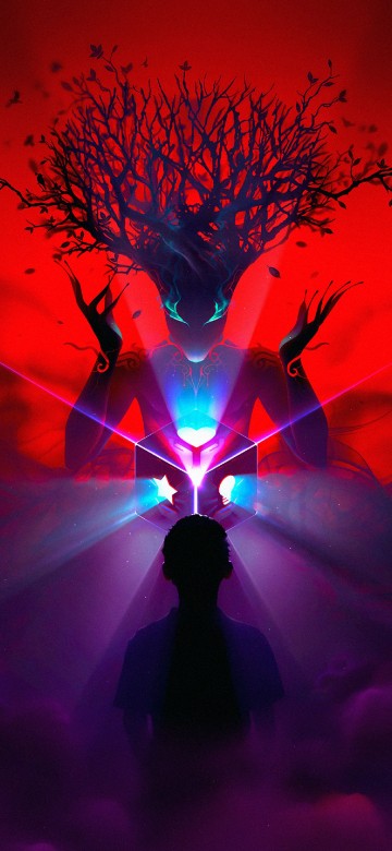 Image silhouette of man standing under blue and purple lights