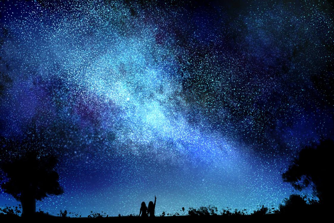 silhouette of people under starry night