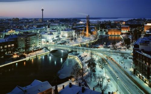 Image aerial view of city buildings during night time