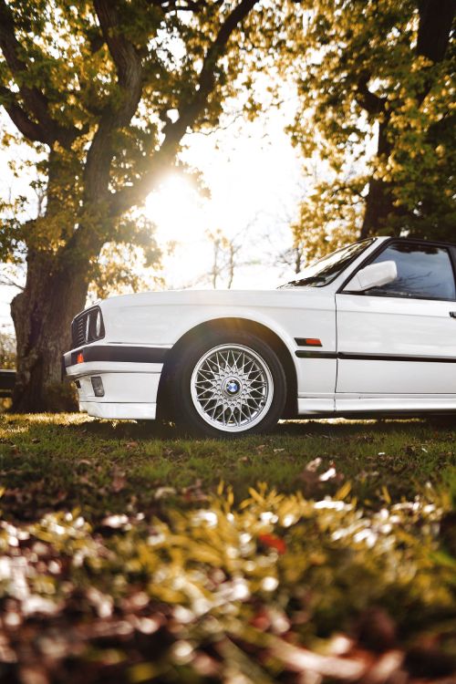 Weißes Coupé, Das Tagsüber Auf Einer Grünen Wiese Geparkt Ist. Wallpaper in 2732x4096 Resolution