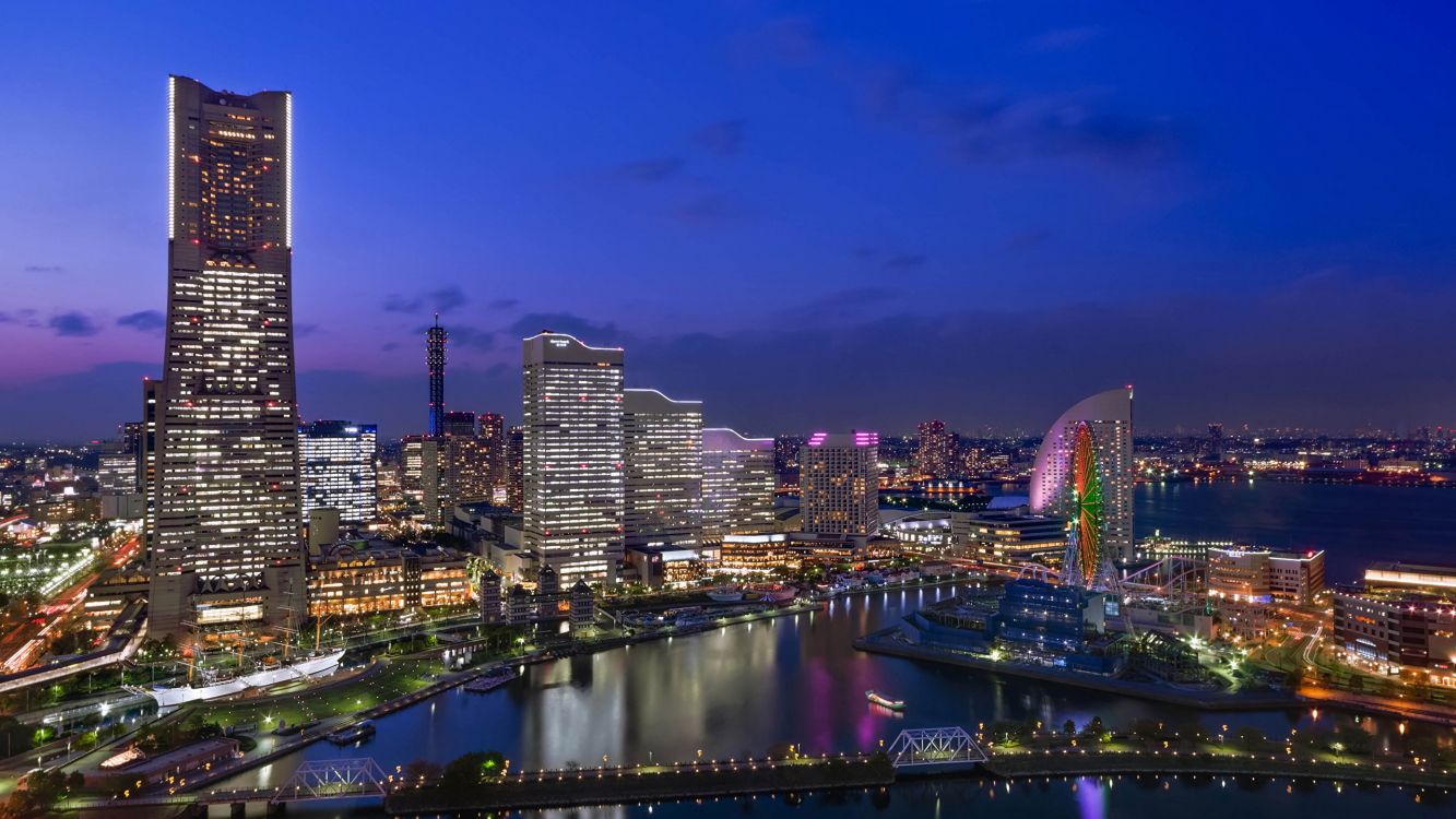 city skyline during night time