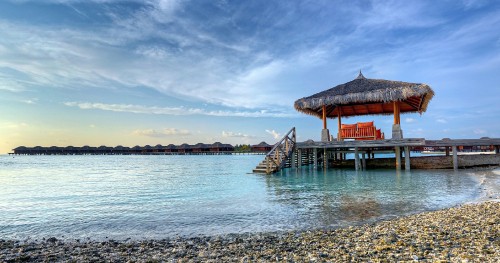 Image brown wooden house on sea shore during daytime