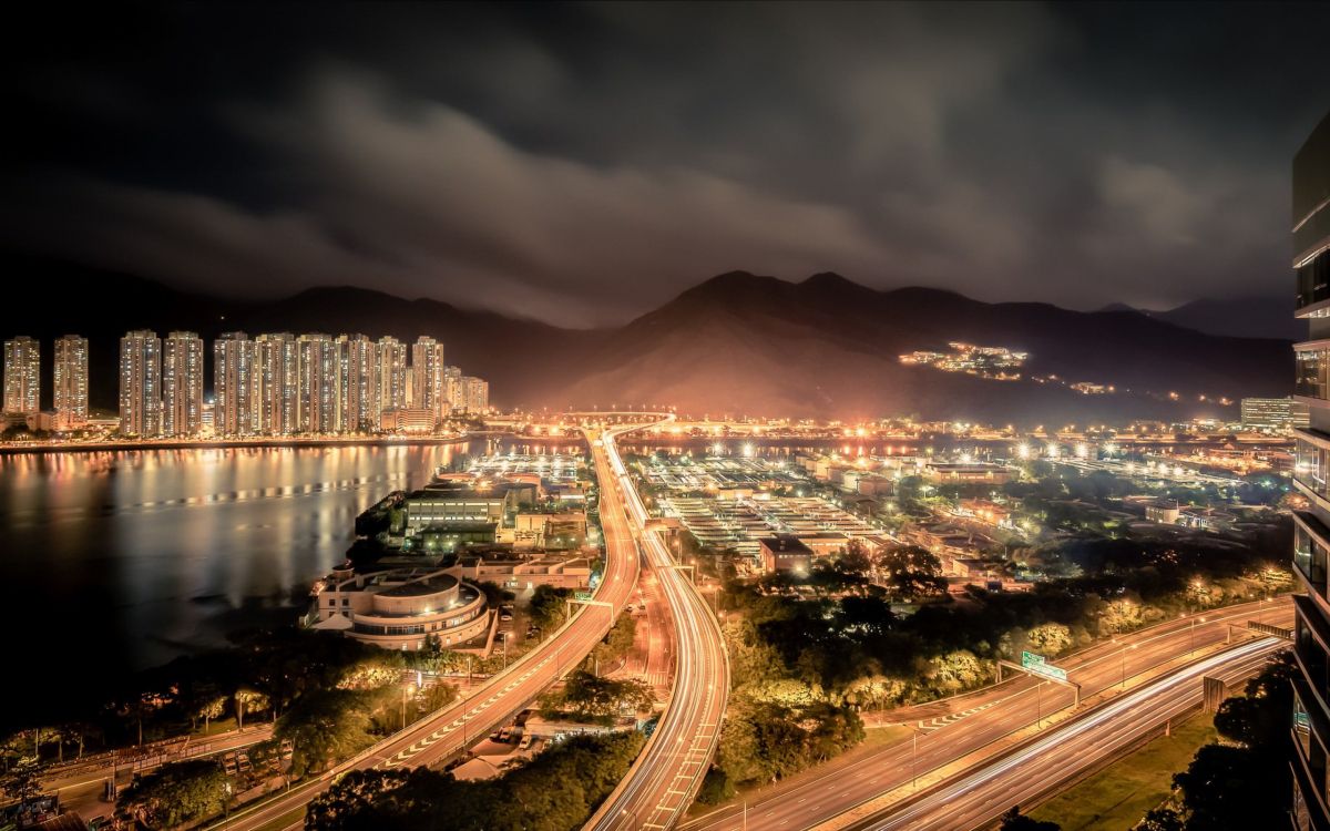 city skyline during night time