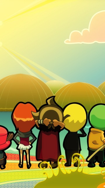 Image people walking on road with balloons and clouds illustration