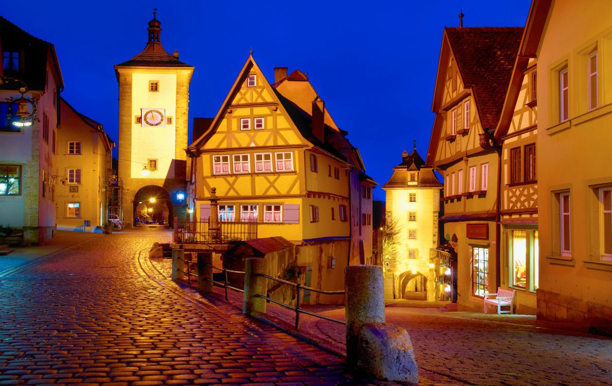 Rothenburg ob der Tauber, town, night, landmark, evening