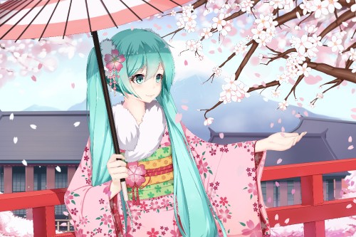 Image girl anime character in white and pink kimono