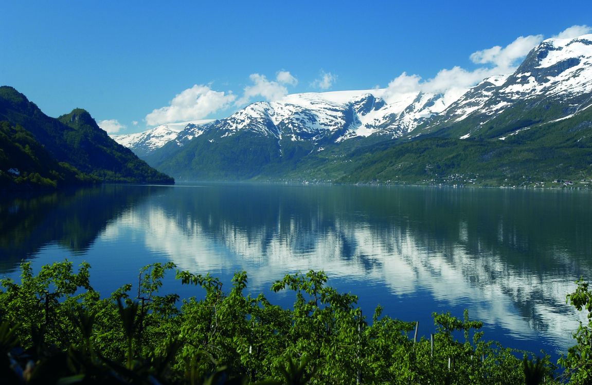 Grüne Bäume in Der Nähe Von See Und Schneebedeckten Bergen Tagsüber. Wallpaper in 3008x1960 Resolution