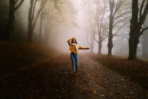 Image girl on alone road, plant, atmosphere, People in nature, fog