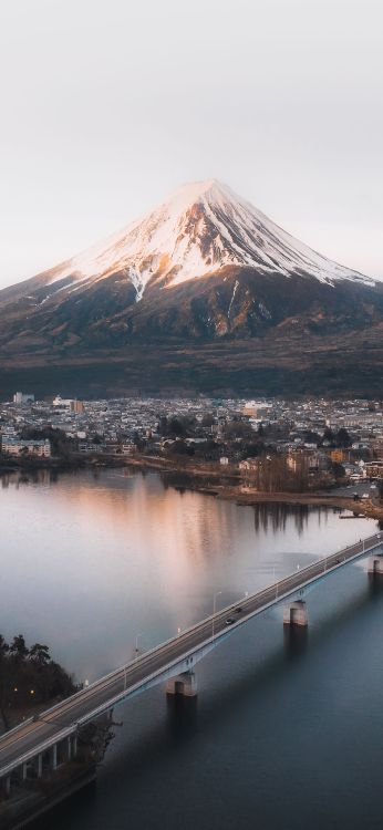 mount fuji, mountain, Lake Kawaguchi, water, snow