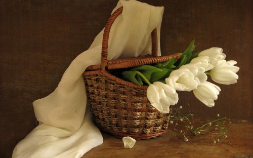 Image white roses in brown woven basket