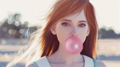 Image woman with blonde hair holding pink balloon