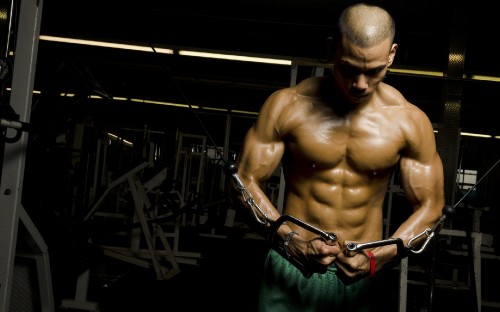 Image topless man in black shorts holding black and red exercise equipment