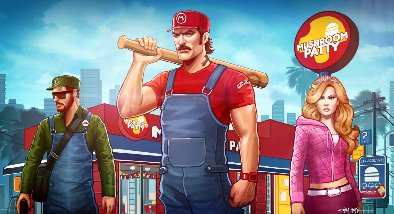 Mario Bros, Grand Theft Auto v, Mario, Super Mario Bros, Caricatura. Wallpaper in 2000x1088 Resolution