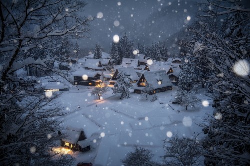 Image snow covered houses during night time