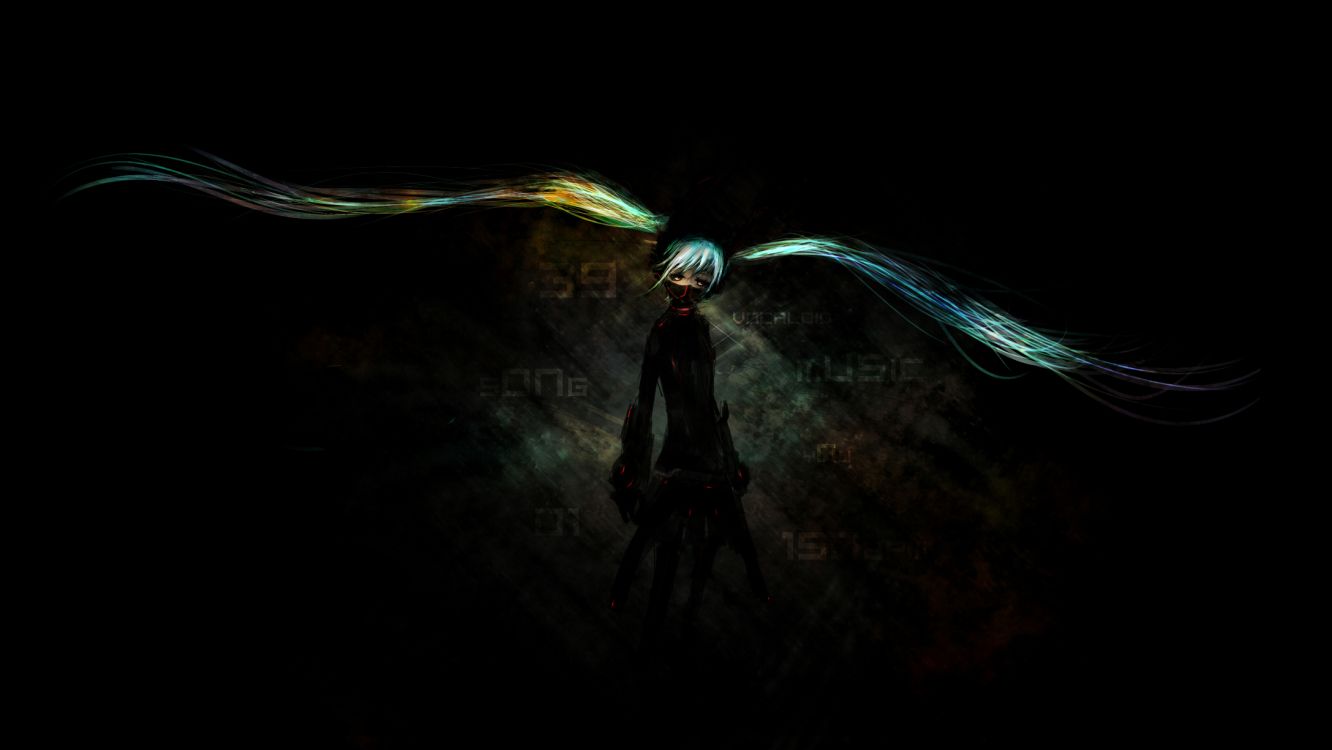 初音未来, 艺术创作, 黑色的, 绿色的, 光 壁纸 2177x1225 允许