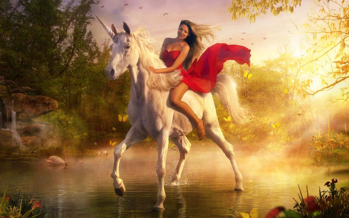 Woman in Red Dress Riding White Horse on Water. Wallpaper in 4535x2835 Resolution