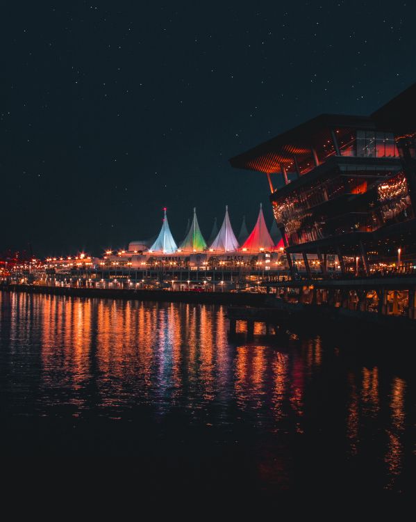 brown and white building near body of water during night time