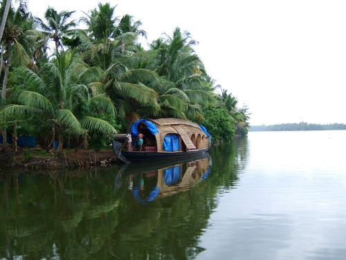 Image man in blue shirt riding on brown boat on lake during daytime