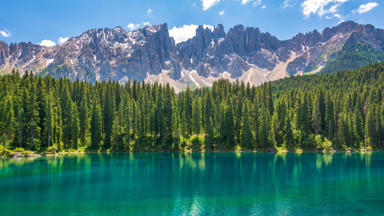 Karersee, Dolomitas, Seiser Alm, Agua, Montaña. Wallpaper in 3840x2160 Resolution