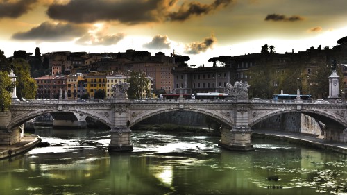 Image white concrete bridge over river during sunset