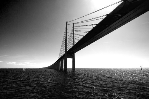 Image grayscale photo of bridge over water