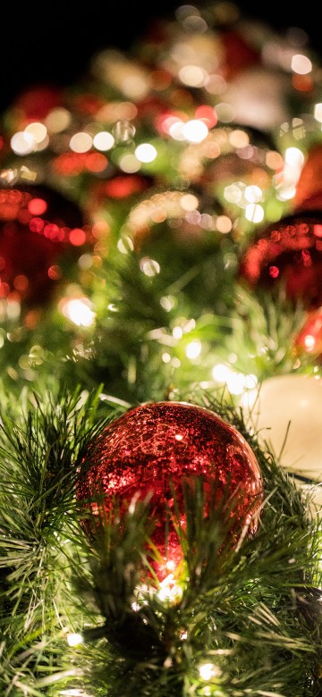 Image red and gold baubles on green christmas tree
