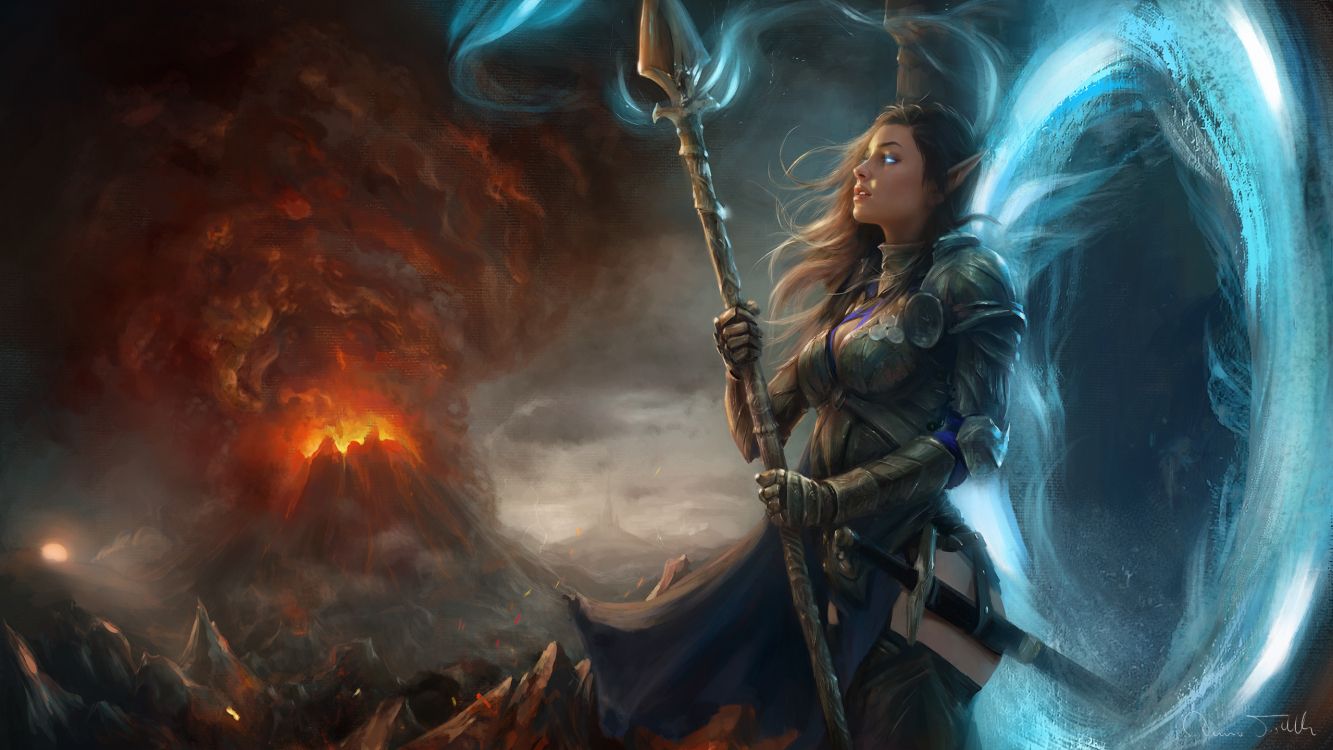 Femme en Manteau Noir Tenant L'épée. Wallpaper in 2560x1440 Resolution