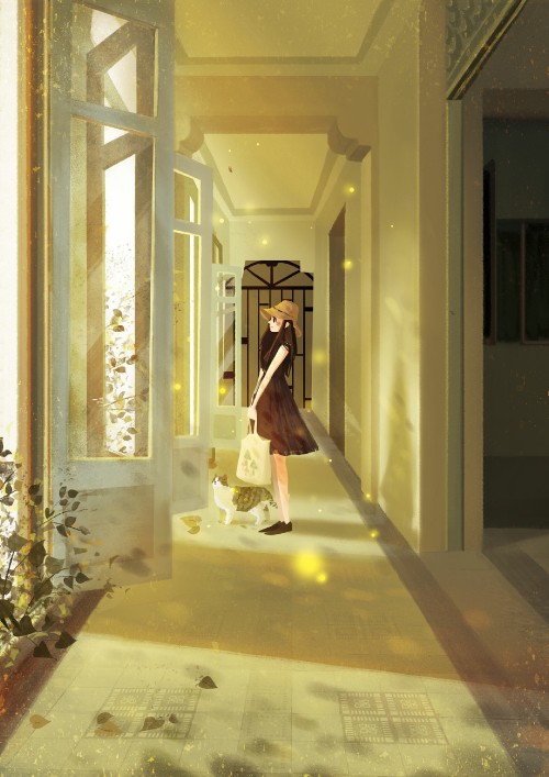 Image woman in white dress walking on hallway