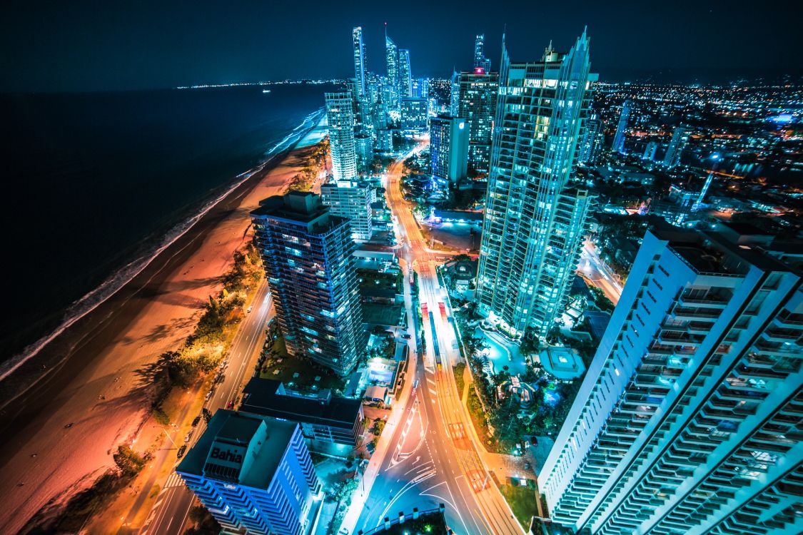 city skyline during night time