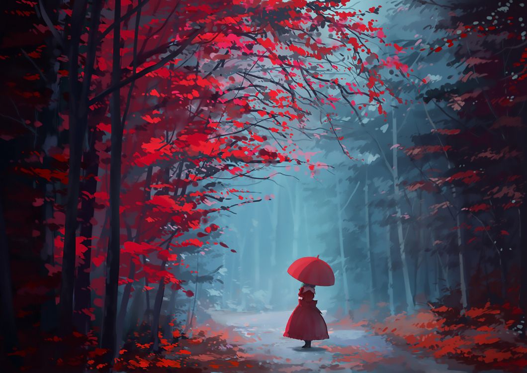 Persona Sosteniendo Una Sombrilla Roja de Pie en el Bosque Durante el Día Brumoso. Wallpaper in 1920x1358 Resolution