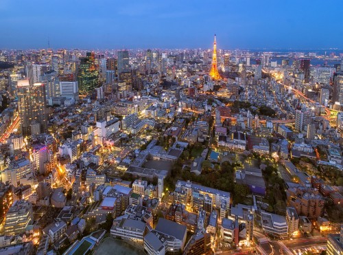 Image aerial view of city buildings during night time