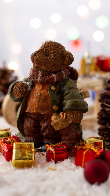 Image christmas, tree, teddy bear, brown, qhd
