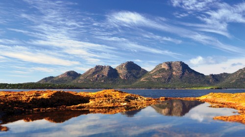 Image lake near mountain under blue sky during daytime