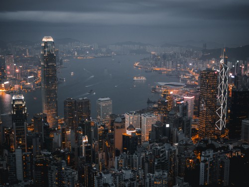 Image aerial view of city buildings during night time