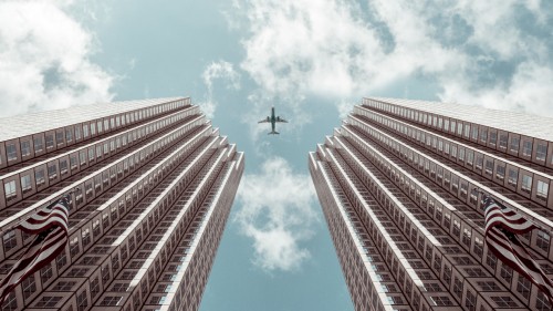 Image black bird flying over the building during daytime