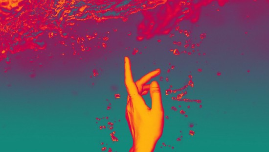 Image persons hand with blue and red background