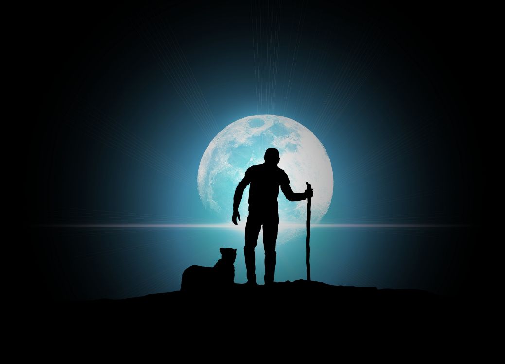 Silhouette D'homme et Femme Debout Sous la Lune. Wallpaper in 3264x2355 Resolution