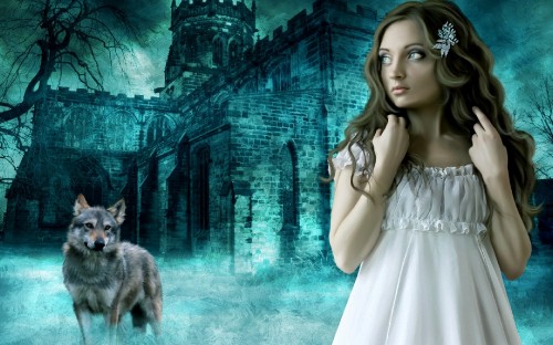 Image woman in white dress standing near gray wolf